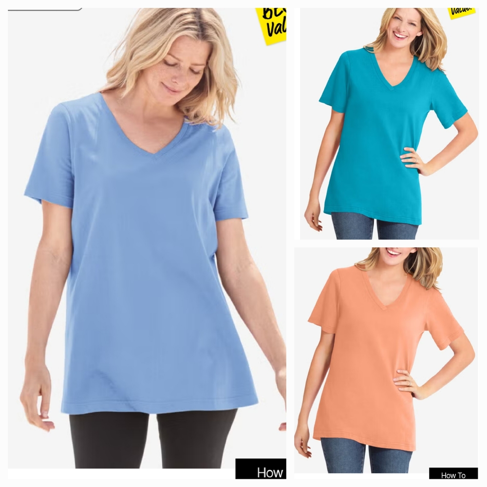 3 Women Within V-Neck Short Sleeve Tunic Tops - Blue, Teal, and Orange, 1X 22-24
